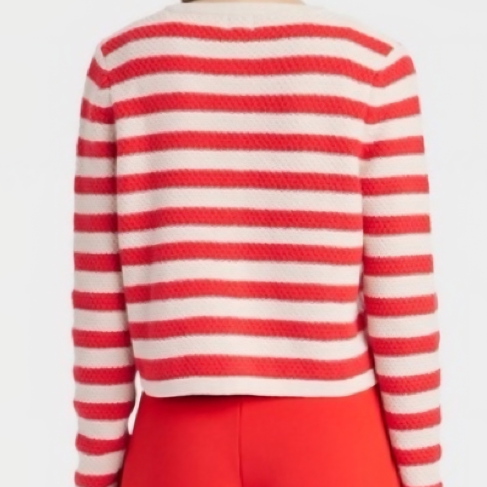 A New Day Red Cream Striped Lady Jacket Coastal Mariner Knit Cardigan. - Picture 2 of 5